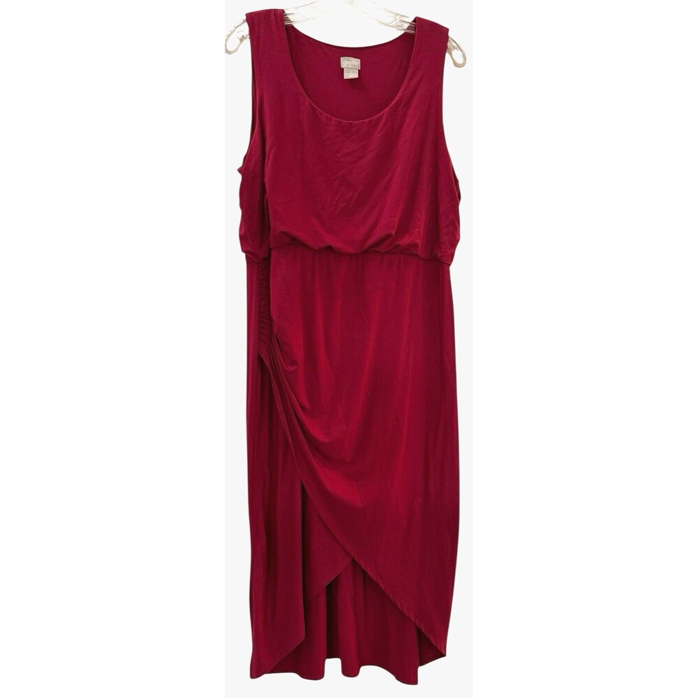 Chicos Maxi Dress Size Large Cherry Red Rayon Stretch Sleeveless Wrap Hem Effect